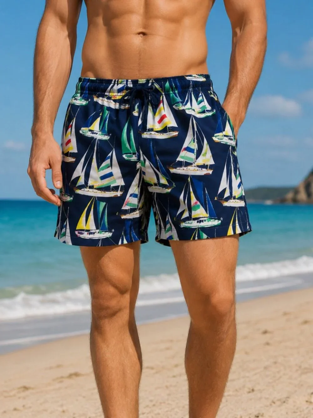 Land's End Men's Sailboat Print Swim Trunks Size M Mesh Lined Nautical Board Sho
